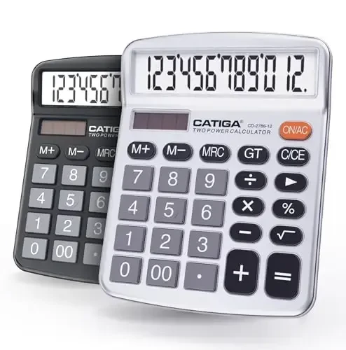 CATIGA Desktop Calculator (2 Pack) 12 Digit with Large LCD Display and Sensitive Button, Solar and Battery Dual Power, Standard Function for Office, Home, School, CD-2786 (Black/Silver) - 1