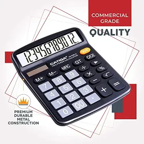 CATIGA Desktop Calculator (2 Pack) 12 Digit with Large LCD Display and Sensitive Button, Solar and Battery Dual Power, Standard Function for Office, Home, School, CD-2786 (Black/Silver) - 5