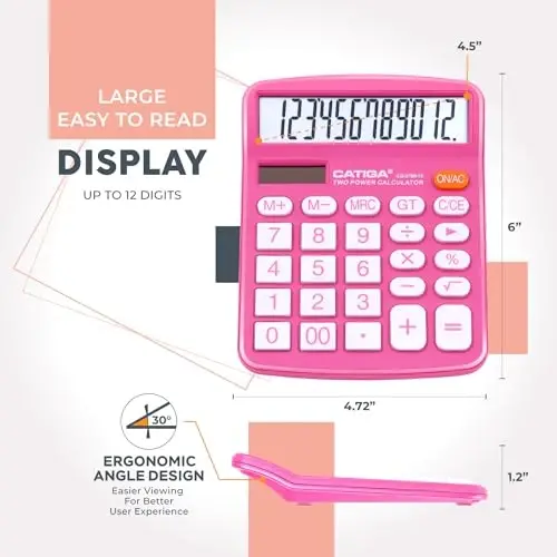 CATIGA Desktop Calculator (2 Pack) 12 Digit with Large LCD Display and Sensitive Button, Solar and Battery Dual Power, Standard Function for Office, Home, School, CD-2786 (Blue/Pink) - 3