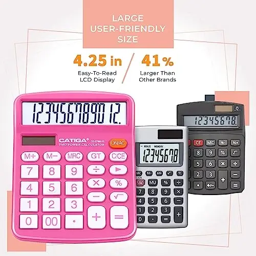 CATIGA Desktop Calculator (2 Pack) 12 Digit with Large LCD Display and Sensitive Button, Solar and Battery Dual Power, Standard Function for Office, Home, School, CD-2786 (Blue/Pink) - 1