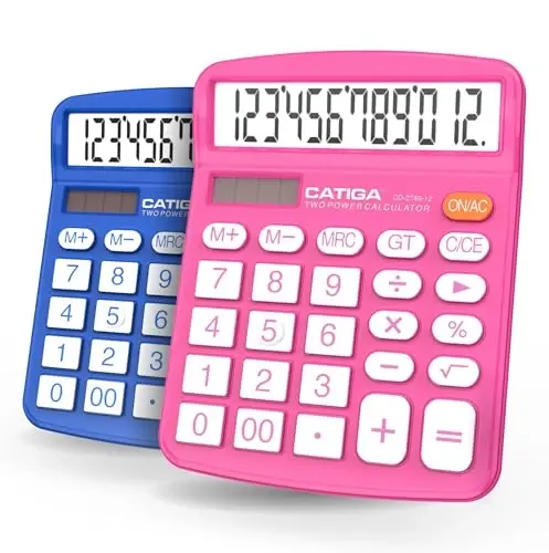 CATIGA Desktop Calculator (2 Pack) 12 Digit with Large LCD Display and Sensitive Button, Solar and Battery Dual Power, Standard Function for Office, Home, School, CD-2786 (Blue/Pink) - 2
