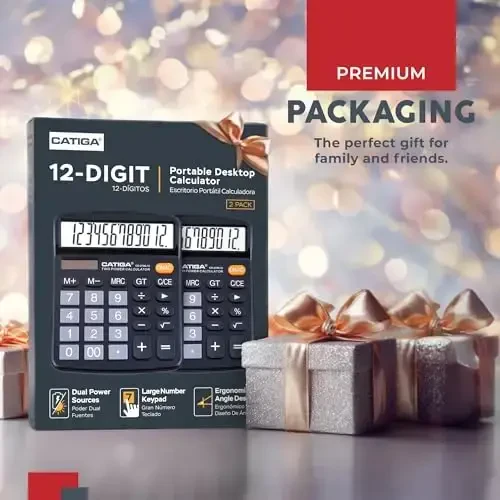 CATIGA Desktop Calculator (2 Pack) 12 Digit with Large LCD Display and Sensitive Button, Solar and Battery Dual Power, Standard Function for Office, Home, School, CD-2786 (2 Black) - 1