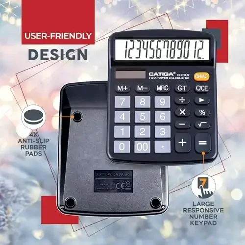 CATIGA Desktop Calculator (2 Pack) 12 Digit with Large LCD Display and Sensitive Button, Solar and Battery Dual Power, Standard Function for Office, Home, School, CD-2786 (2 Black) - 4