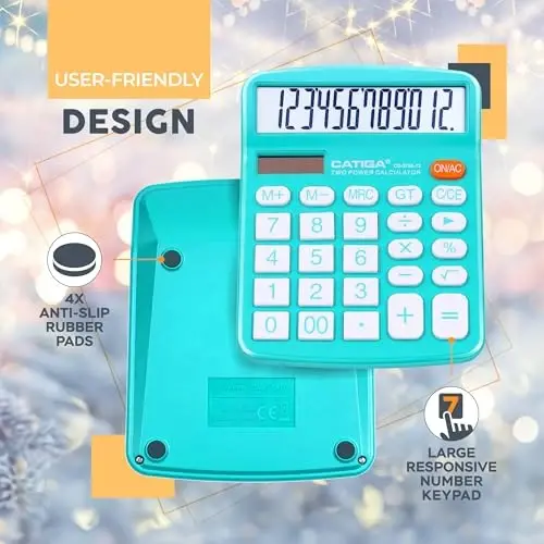 CATIGA Desktop Calculator (2 Pack) 12 Digit with Large LCD Display and Sensitive Button, Solar and Battery Dual Power, Standard Function for Office, Home, School, CD-2786 (Light Blue/Light Pink) - 4
