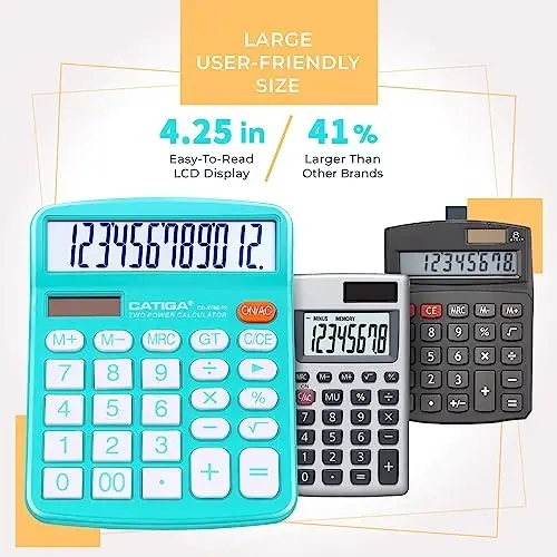 CATIGA Desktop Calculator (2 Pack) 12 Digit with Large LCD Display and Sensitive Button, Solar and Battery Dual Power, Standard Function for Office, Home, School, CD-2786 (Light Blue/Light Pink) - 1
