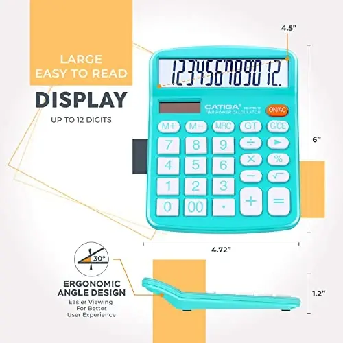 CATIGA Desktop Calculator (2 Pack) 12 Digit with Large LCD Display and Sensitive Button, Solar and Battery Dual Power, Standard Function for Office, Home, School, CD-2786 (Light Blue/Light Pink) - 2