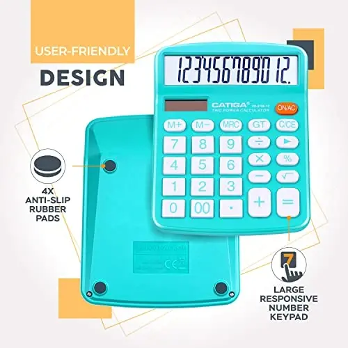 CATIGA Desktop Calculator (2 Pack) 12 Digit with Large LCD Display and Sensitive Button, Solar and Battery Dual Power, Standard Function for Office, Home, School, CD-2786 (Light Blue/Light Pink) - 4