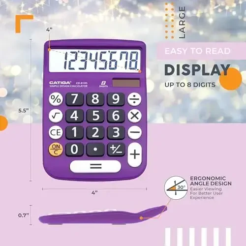 CATIGA Desktop Calculator 8 Digit with Solar Power and Easy to Read LCD Display, Big Buttons, for Home, Office, School, Class and Business, 4 Function Small Basic Calculators for Desk, CD-8185 - 3