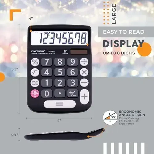 CATIGA Desktop Calculator 8 Digit with Solar Power and Easy to Read LCD Display, Big Buttons, for Home, Office, School, Class and Business, 4 Function Small Basic Calculators for Desk, CD-8185 Black - 3