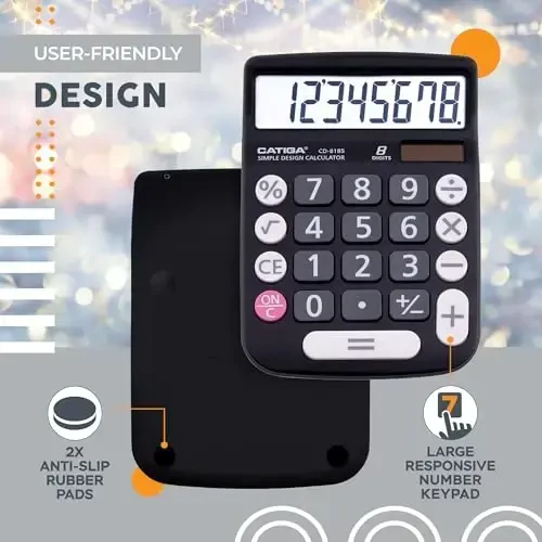 CATIGA Desktop Calculator 8 Digit with Solar Power and Easy to Read LCD Display, Big Buttons, for Home, Office, School, Class and Business, 4 Function Small Basic Calculators for Desk, CD-8185 Black - 4