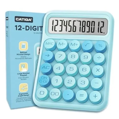CATIGA Mechanical Switch Calculator, Blue Calculator with 12 Digit Large LCD Display & Big Buttons for Office Desk, Classroom Math, Back to School Supplies, Cute Aesthetic Desk Accessories - 1