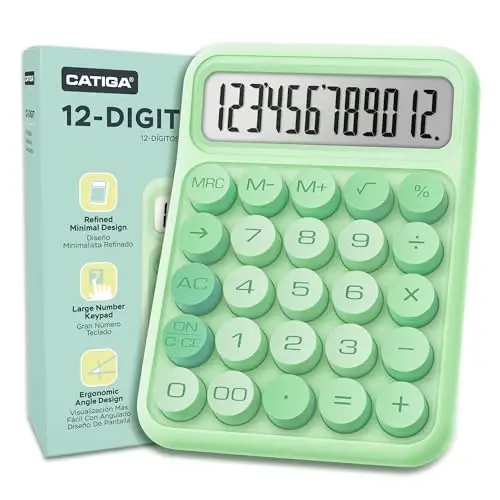 CATIGA Mechanical Switch Calculator, Green Calculator with 12 Digit Large LCD Display & Big Buttons for Office Desk, Classroom Math, Back to School Supplies, Cute Aesthetic Desk Accessories - 1