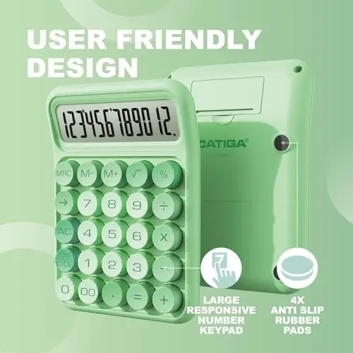 CATIGA Mechanical Switch Calculator, Green Calculator with 12 Digit Large LCD Display & Big Buttons for Office Desk, Classroom Math, Back to School Supplies, Cute Aesthetic Desk Accessories - 3