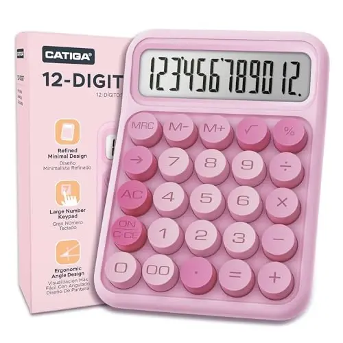 CATIGA Mechanical Switch Calculator, Pink Calculator with 12 Digit Large LCD Display & Big Buttons for Office Desk, Classroom Math, Back to School Supplies, Cute Aesthetic Desk Accessories - 1