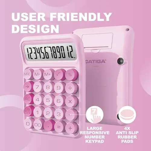 CATIGA Mechanical Switch Calculator, Pink Calculator with 12 Digit Large LCD Display & Big Buttons for Office Desk, Classroom Math, Back to School Supplies, Cute Aesthetic Desk Accessories - 3
