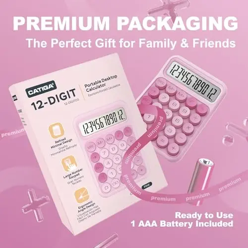 CATIGA Mechanical Switch Calculator, Pink Calculator with 12 Digit Large LCD Display & Big Buttons for Office Desk, Classroom Math, Back to School Supplies, Cute Aesthetic Desk Accessories - 5