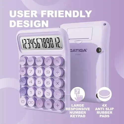 CATIGA Mechanical Switch Calculator, Purple Calculator with 12 Digit Large LCD Display & Big Buttons for Office Desk, Classroom Math, Back to School Supplies, Cute Aesthetic Desk Accessories - 3
