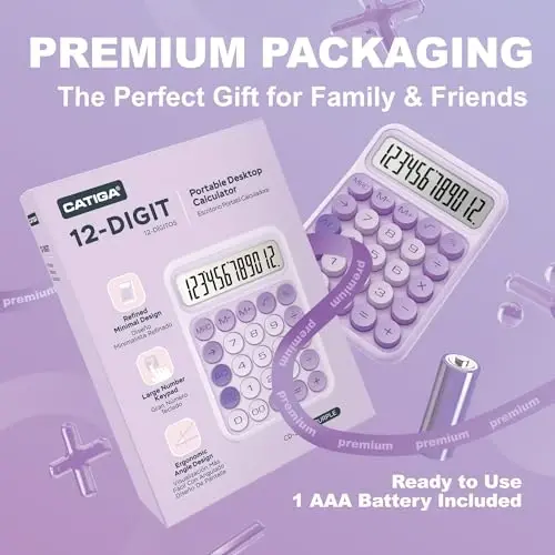 CATIGA Mechanical Switch Calculator, Purple Calculator with 12 Digit Large LCD Display & Big Buttons for Office Desk, Classroom Math, Back to School Supplies, Cute Aesthetic Desk Accessories - 5