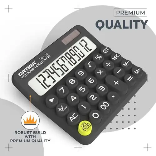 CATIGA Mechanical Switch Calculator with Solar and Battery Dual Power, 12-Digit Large LCD Display, Aesthetic and Cute Desktop Calculator with Big Button, for Home, School and Office Use, SD-1299 - 1