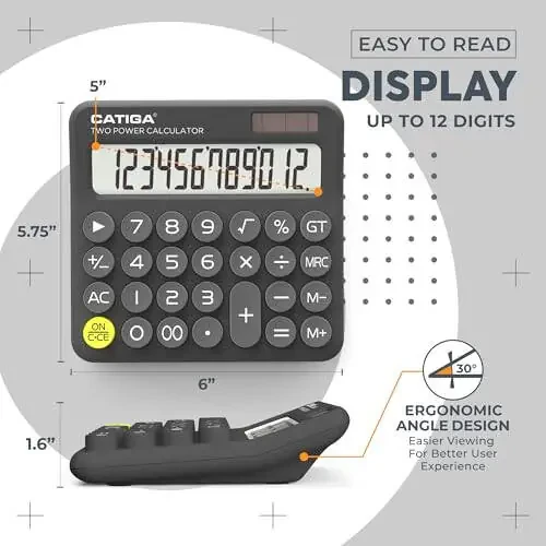 CATIGA Mechanical Switch Calculator with Solar and Battery Dual Power, 12-Digit Large LCD Display, Aesthetic and Cute Desktop Calculator with Big Button, for Home, School and Office Use, SD-1299 - 2