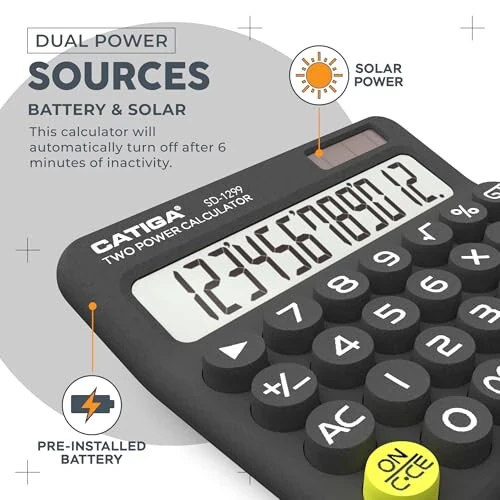 CATIGA Mechanical Switch Calculator with Solar and Battery Dual Power, 12-Digit Large LCD Display, Aesthetic and Cute Desktop Calculator with Big Button, for Home, School and Office Use, SD-1299 - 3