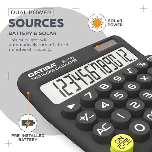 CATIGA Mechanical Switch Calculator with Solar and Battery Dual Power, 12-Digit Large LCD Display, Aesthetic and Cute Desktop Calculator with Big Button, for Home, School and Office Use, SD-1299 - 3