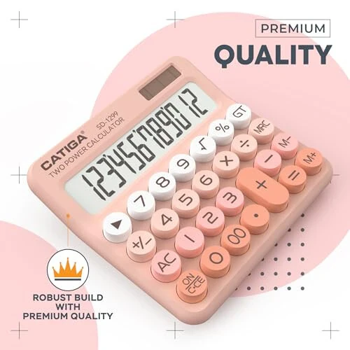 CATIGA Mechanical Switch Calculator with Solar and Battery Dual Power, 12-Digit Large LCD Display, Aesthetic and Cute Desktop Calculator with Big Button, for Home, School and Office Use, SD-1299 - CATIGA (1)