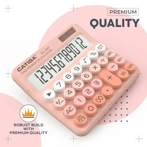 CATIGA Mechanical Switch Calculator with Solar and Battery Dual Power, 12-Digit Large LCD Display, Aesthetic and Cute Desktop Calculator with Big Button, for Home, School and Office Use, SD-1299 - 2