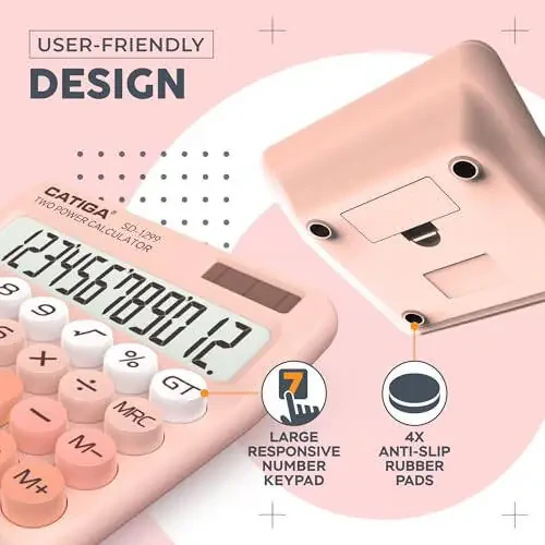 CATIGA Mechanical Switch Calculator with Solar and Battery Dual Power, 12-Digit Large LCD Display, Aesthetic and Cute Desktop Calculator with Big Button, for Home, School and Office Use, SD-1299 - 5