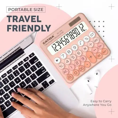 CATIGA Mechanical Switch Calculator with Solar and Battery Dual Power, 12-Digit Large LCD Display, Aesthetic and Cute Desktop Calculator with Big Button, for Home, School and Office Use, SD-1299 - 6