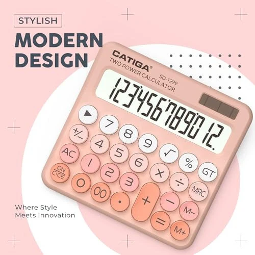 CATIGA Mechanical Switch Calculator with Solar and Battery Dual Power, 12-Digit Large LCD Display, Aesthetic and Cute Desktop Calculator with Big Button, for Home, School and Office Use, SD-1299 - 7