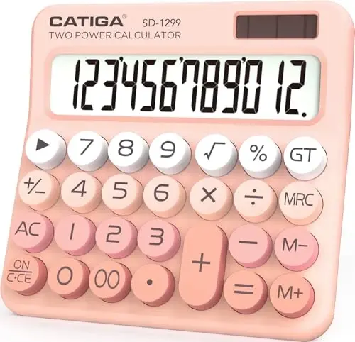 CATIGA Mechanical Switch Calculator with Solar and Battery Dual Power, 12-Digit Large LCD Display, Aesthetic and Cute Desktop Calculator with Big Button, for Home, School and Office Use, SD-1299 - CATIGA