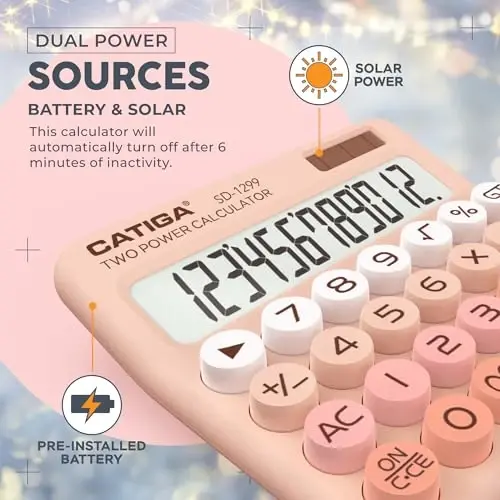 CATIGA Mechanical Switch Calculator with Solar and Battery Dual Power, 12-Digit Large LCD Display, Aesthetic and Cute Desktop Calculator with Big Button, for Home, School and Office Use, SD-1299 - 4
