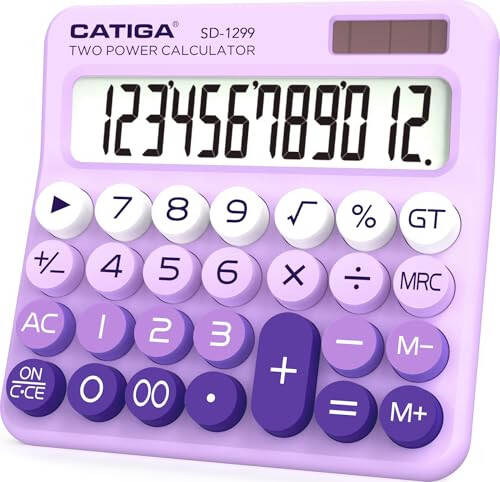 CATIGA Mechanical Switch Calculator with Solar and Battery Dual Power, 12-Digit Large LCD Display, Aesthetic and Cute Desktop Calculator with Big Button, for Home, School and Office Use, SD-1299 - 1