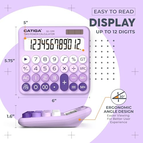 CATIGA Mechanical Switch Calculator with Solar and Battery Dual Power, 12-Digit Large LCD Display, Aesthetic and Cute Desktop Calculator with Big Button, for Home, School and Office Use, SD-1299 - 3