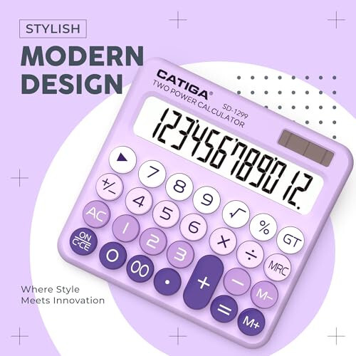 CATIGA Mechanical Switch Calculator with Solar and Battery Dual Power, 12-Digit Large LCD Display, Aesthetic and Cute Desktop Calculator with Big Button, for Home, School and Office Use, SD-1299 - 7