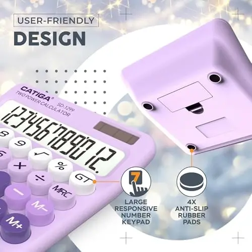 CATIGA Mechanical Switch Calculator with Solar and Battery Dual Power, 12-Digit Large LCD Display, Aesthetic and Cute Desktop Calculator with Big Button, for Home, School and Office Use, SD-1299 - CATIGA (1)