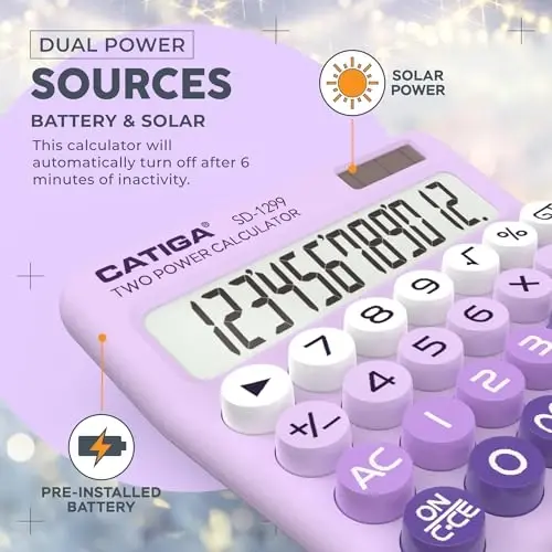 CATIGA Mechanical Switch Calculator with Solar and Battery Dual Power, 12-Digit Large LCD Display, Aesthetic and Cute Desktop Calculator with Big Button, for Home, School and Office Use, SD-1299 - 5