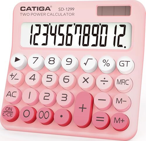 CATIGA Mechanical Switch Calculator with Solar and Battery Dual Power, 12-Digit Large LCD Display, Aesthetic and Cute Desktop Calculator with Big Button, for Home, School and Office Use, SD-1299 - 1