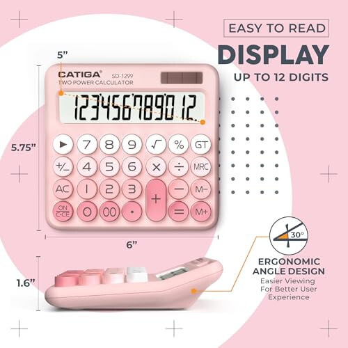 CATIGA Mechanical Switch Calculator with Solar and Battery Dual Power, 12-Digit Large LCD Display, Aesthetic and Cute Desktop Calculator with Big Button, for Home, School and Office Use, SD-1299 - 3