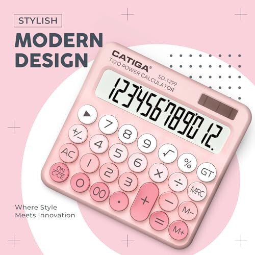 CATIGA Mechanical Switch Calculator with Solar and Battery Dual Power, 12-Digit Large LCD Display, Aesthetic and Cute Desktop Calculator with Big Button, for Home, School and Office Use, SD-1299 - 7