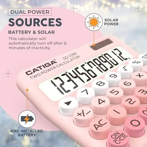 CATIGA Mechanical Switch Calculator with Solar and Battery Dual Power, 12-Digit Large LCD Display, Aesthetic and Cute Desktop Calculator with Big Button, for Home, School and Office Use, SD-1299 - 5
