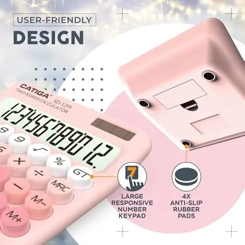 CATIGA Mechanical Switch Calculator with Solar and Battery Dual Power, 12-Digit Large LCD Display, Aesthetic and Cute Desktop Calculator with Big Button, for Home, School and Office Use, SD-1299 - 6