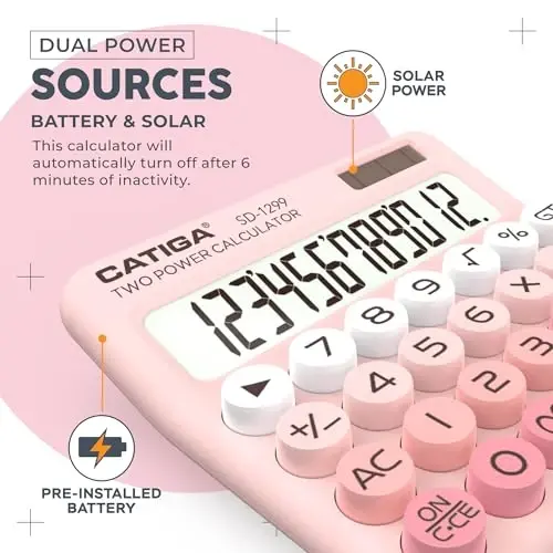 CATIGA Mechanical Switch Calculator with Solar and Battery Dual Power, 12-Digit Large LCD Display, Aesthetic and Cute Desktop Calculator with Big Button, for Home, School and Office Use, SD-1299 - 3