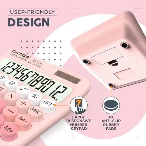 CATIGA Mechanical Switch Calculator with Solar and Battery Dual Power, 12-Digit Large LCD Display, Aesthetic and Cute Desktop Calculator with Big Button, for Home, School and Office Use, SD-1299 - 4