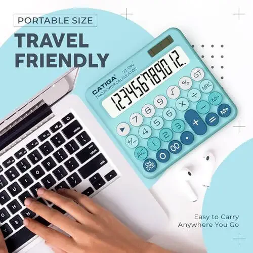 CATIGA Mechanical Switch Calculator with Solar and Battery Dual Power, 12-Digit Large LCD Display, Aesthetic and Cute Desktop Calculator with Big Button, for Home, School and Office Use, SD-1299 - 5