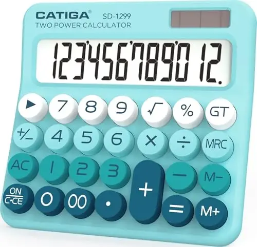 CATIGA Mechanical Switch Calculator with Solar and Battery Dual Power, 12-Digit Large LCD Display, Aesthetic and Cute Desktop Calculator with Big Button, for Home, School and Office Use, SD-1299 - CATIGA