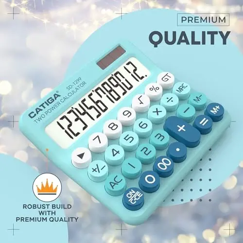 CATIGA Mechanical Switch Calculator with Solar and Battery Dual Power, 12-Digit Large LCD Display, Aesthetic and Cute Desktop Calculator with Big Button, for Home, School and Office Use, SD-1299 - 2