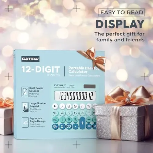 CATIGA Mechanical Switch Calculator with Solar and Battery Dual Power, 12-Digit Large LCD Display, Aesthetic and Cute Desktop Calculator with Big Button, for Home, School and Office Use, SD-1299 - 3