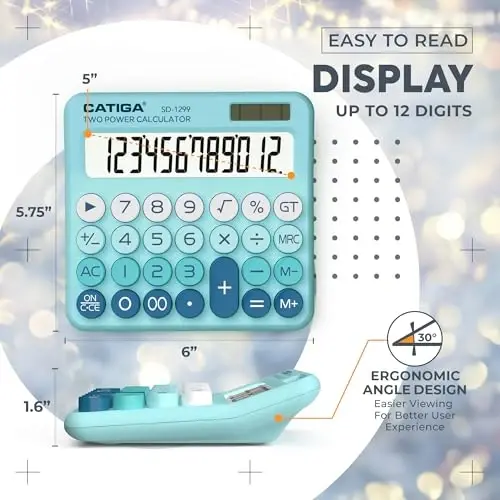 CATIGA Mechanical Switch Calculator with Solar and Battery Dual Power, 12-Digit Large LCD Display, Aesthetic and Cute Desktop Calculator with Big Button, for Home, School and Office Use, SD-1299 - 4
